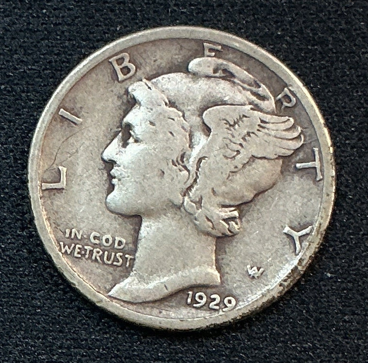 1929 Mercury Dime, Very Good Circulated Coin, Store #DE1188