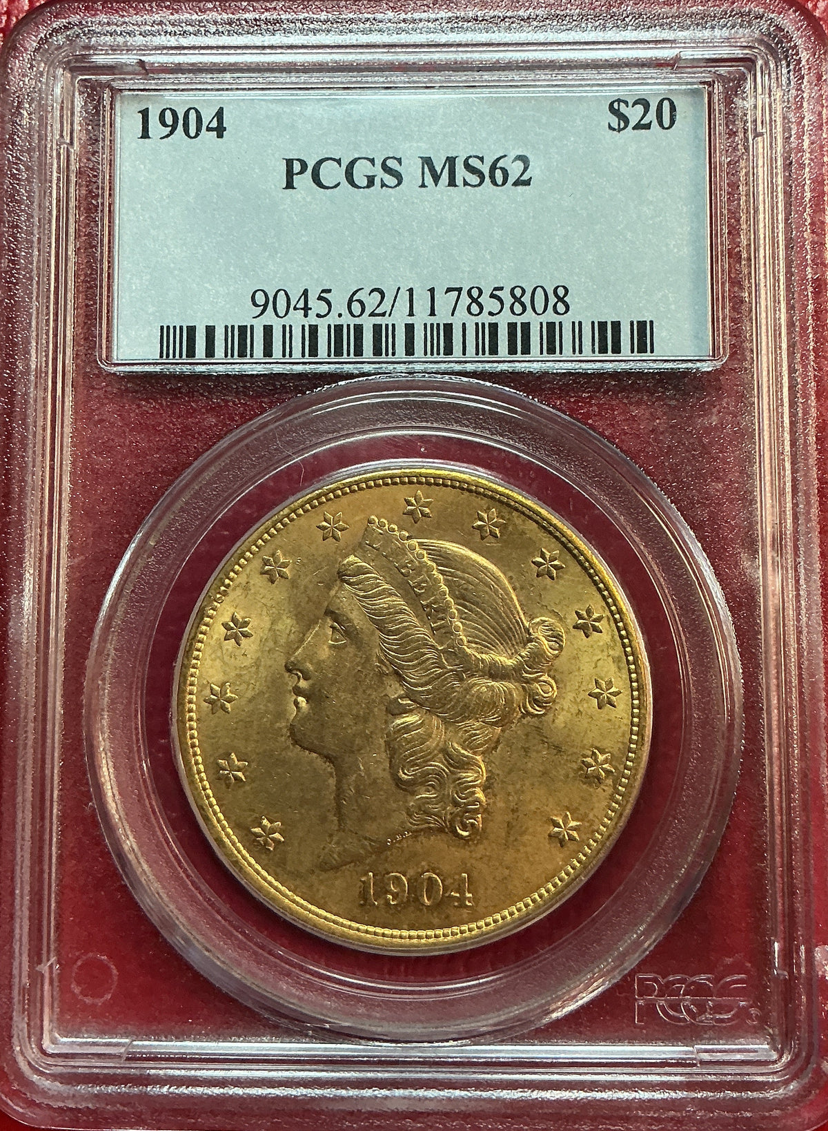 1904 $20 Liberty, Double Eagle Gold Coin, PCGS MS-62, Store# G0059