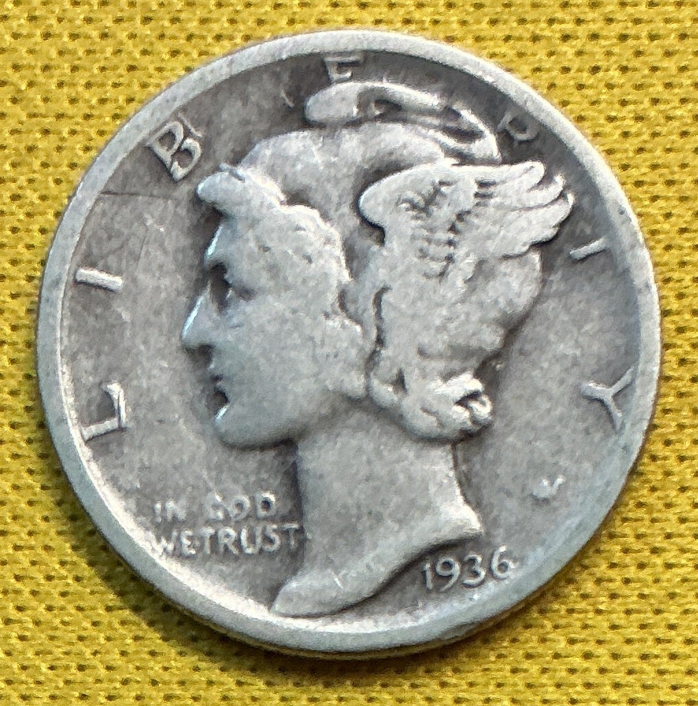 1936-D Mercury Dime, Very Good Circulated Coin, Store #DE1229