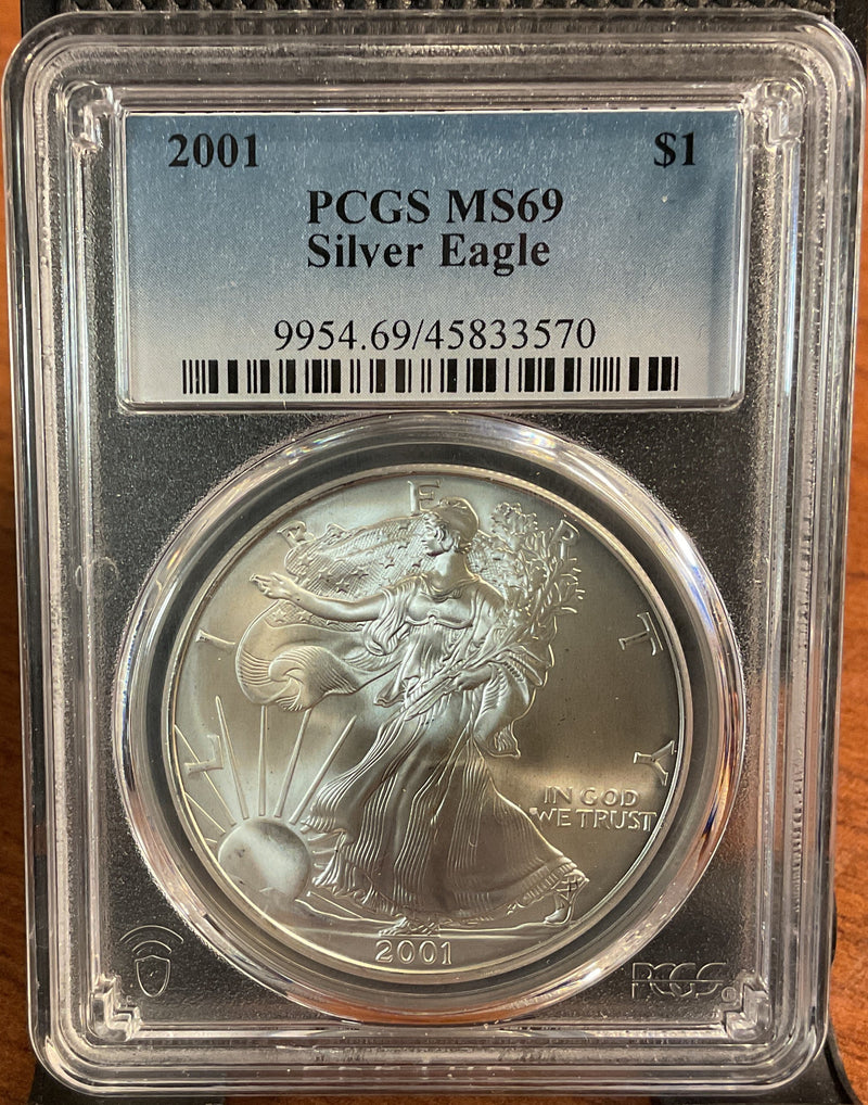 .999 Silver, 1 Troy Ounce, 2001 American Silver Eagle, PCGS MS-69, Store