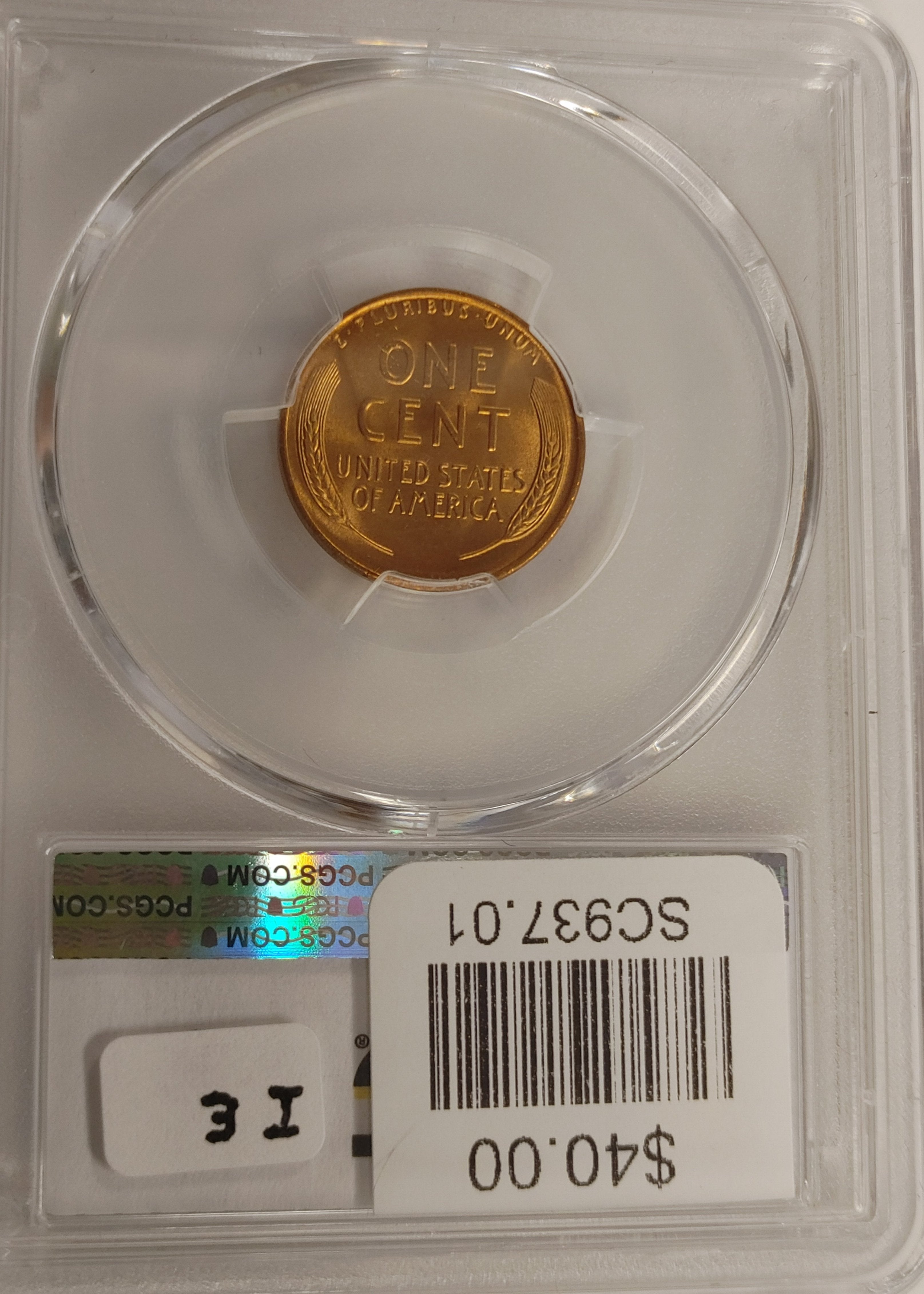 1937 Lincoln Cent, PCSG Graded MS66RD Store #SC937.01