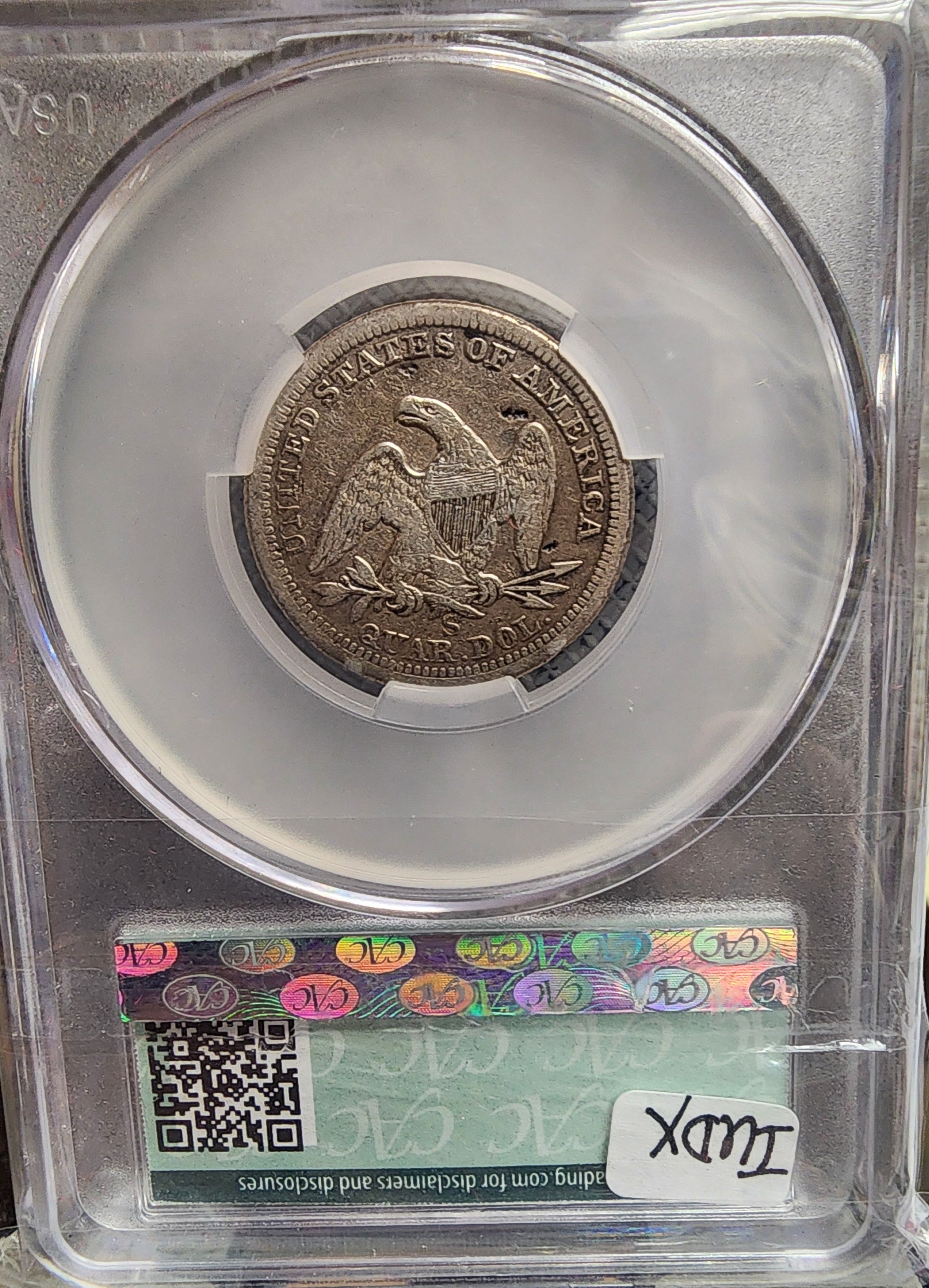 1860-S Seated Liberty Quarter., 'Scarce'., CAC VF Detailed Coin., Store #QR1437.