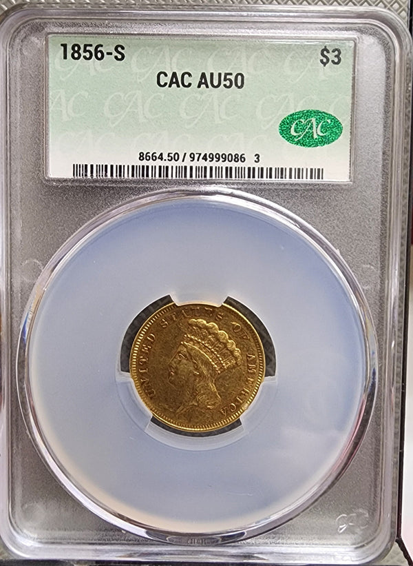 1856-S $3, Indian Princess Head, "Highly Collectible", CAC Graded AU50, Store #G0002.