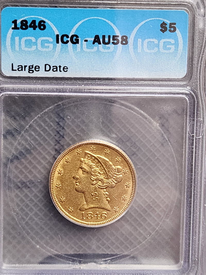 1846 $5 Half Gold Eagle, Large Date, ICG AU-58, Gold Coin, Store Sale