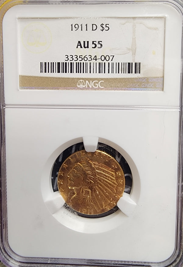 1911-D $5 Gold Indian, Half Eagle, NGC Graded AU-55, Store Sale#G0076.
