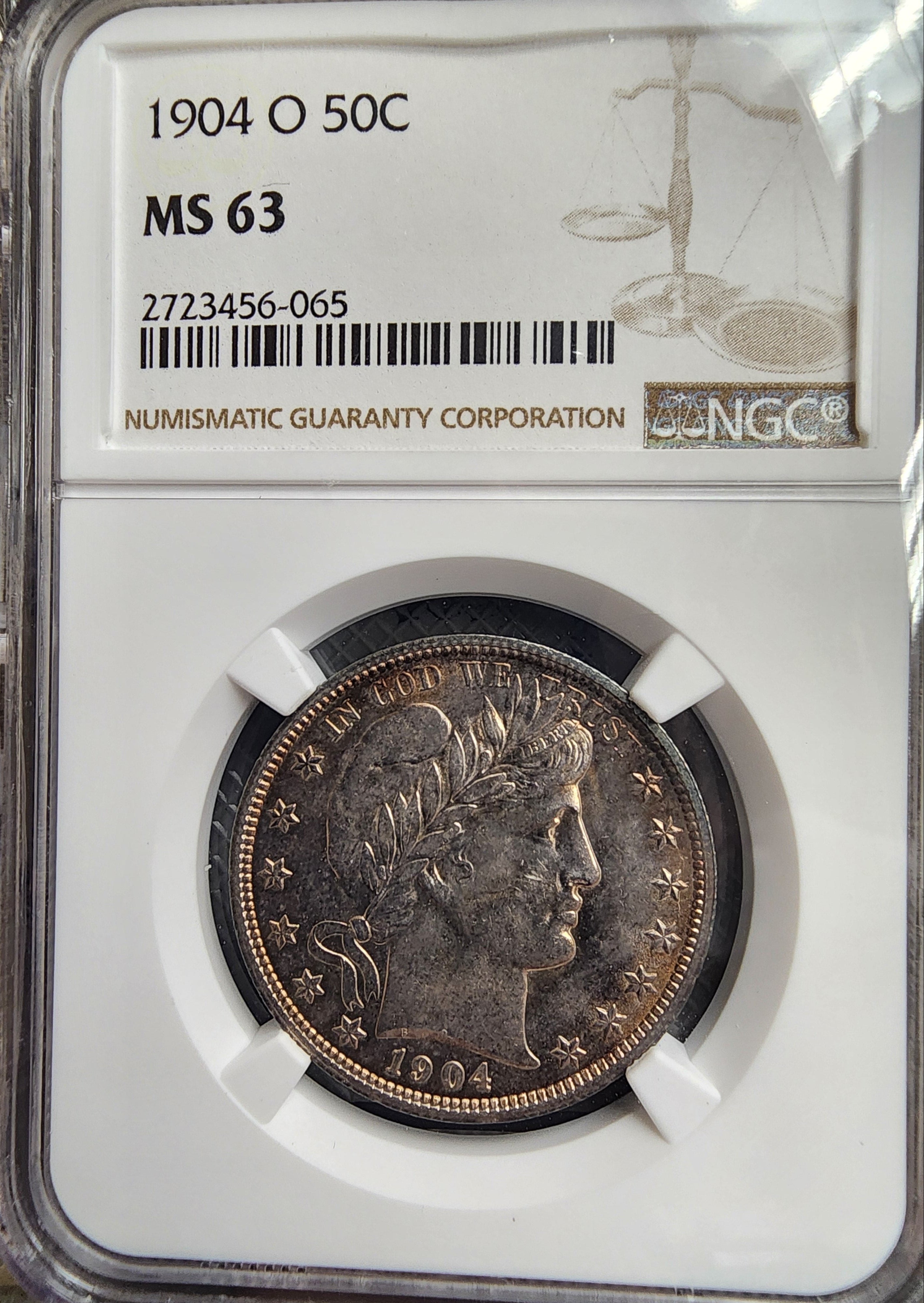 1904-O Barber Silver Half Dollar, Nice Toned Coin, NGC MS-63. Store Sale #GHR115.