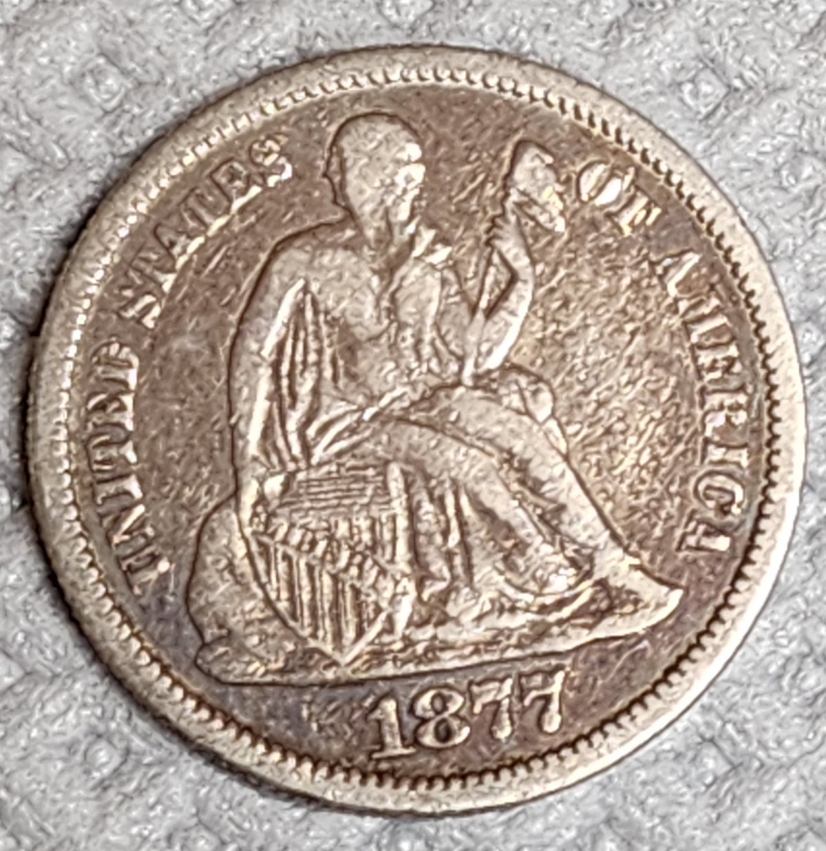 1877-S Seated Liberty Silver Dime, Very Fine Circulated Coin, Store #DE106.