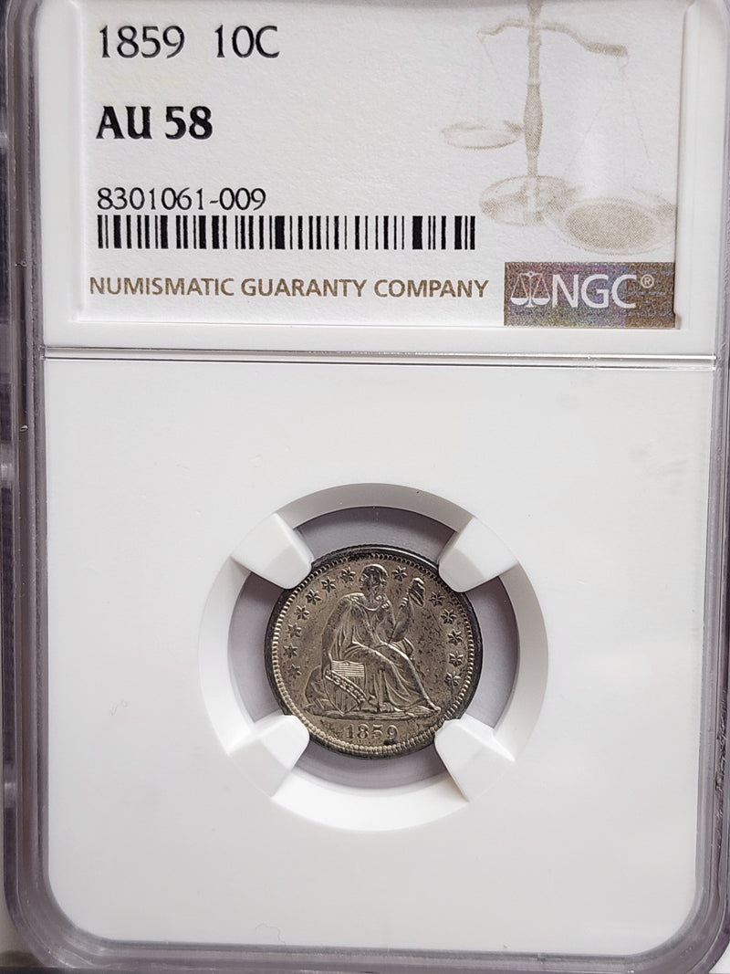 1859 Seated Liberty Silver Dime, NGC Certified AU-58, Store Sale