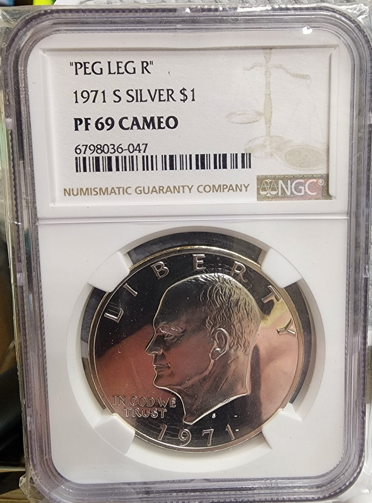 1971-S Eisenhower Silver Clad Dollar. 'PEG LEG R", NGC PF-69, Store #DR078.