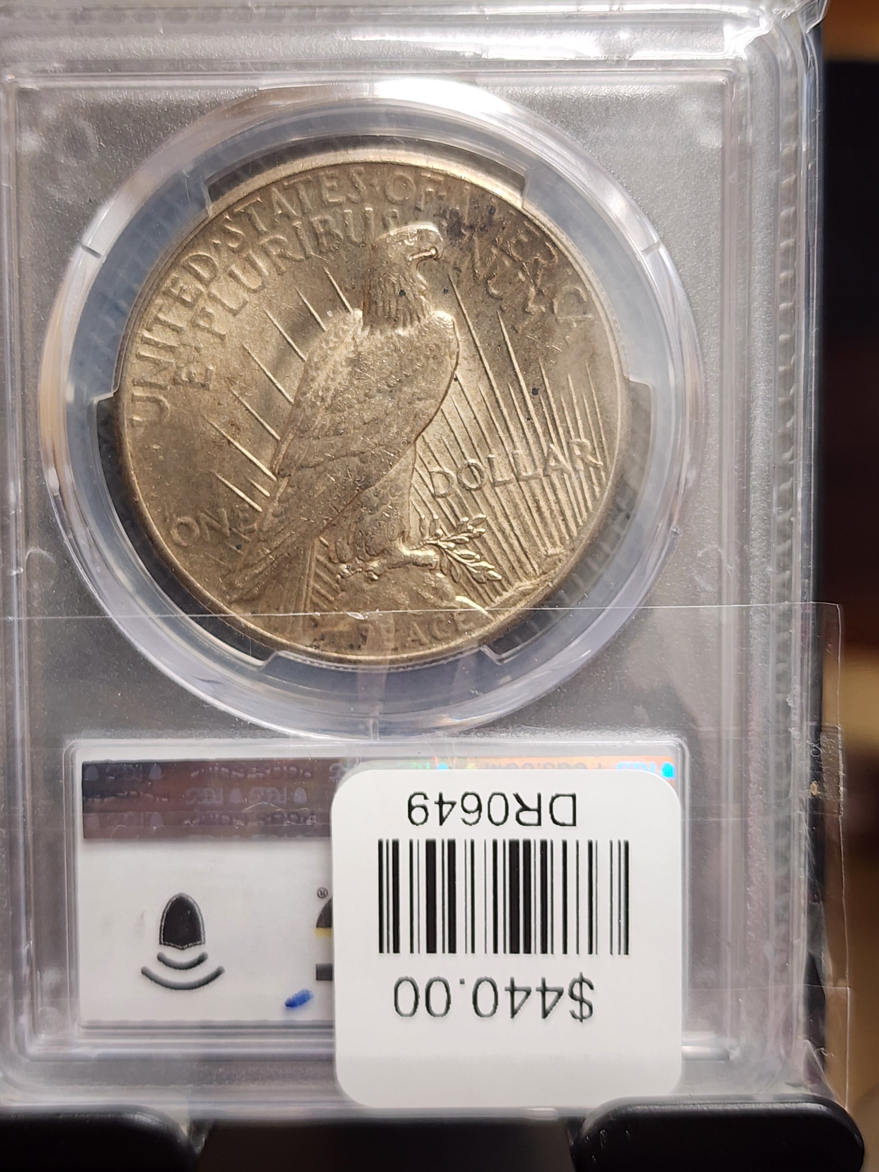 1928 Peace Silver Dollar., PCGS AU-58. Slider, 'Key Date Coin', Store #DR0649