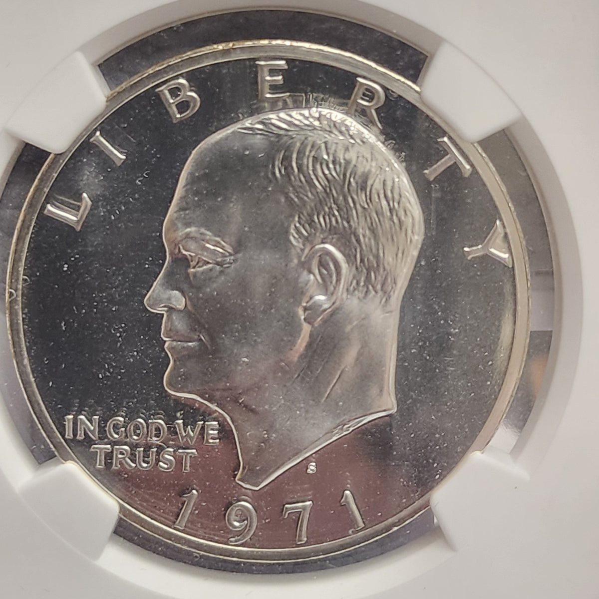 1971-S Eisenhower Silver Clad Dollar. 'PEG LEG R", NGC PF-69, Store #DR078.