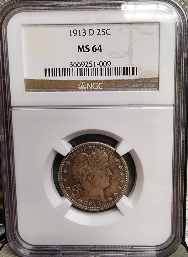 1913-D Barber Silver Quarter, NGC Certified MS-64, Nice Grade, Store #QR738