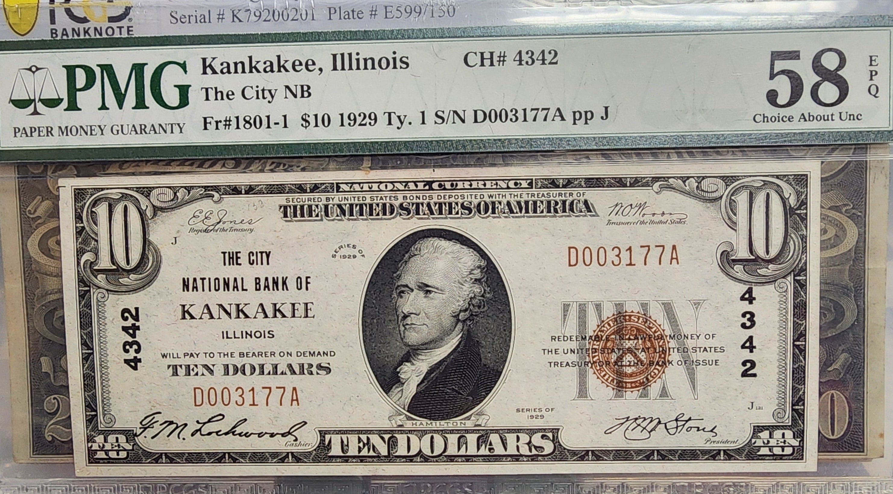 1929 $10 National Currency, Kankakee, Illinois, PMG AU-58 EPQ. Store #SGNB004.