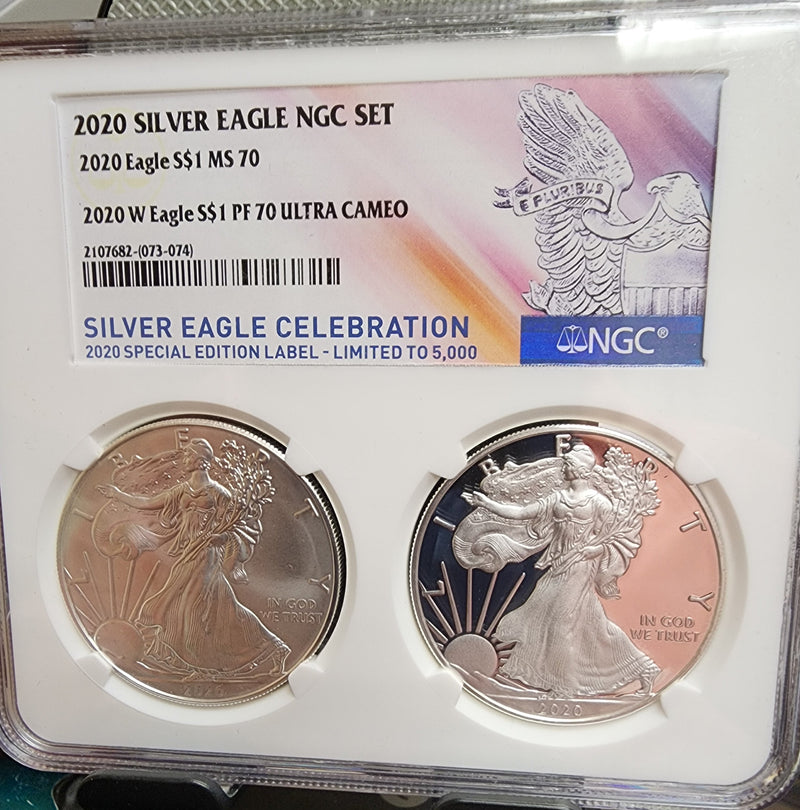 2020 American Silver Eagle, 2 Coin Set, NGC MS-70 & PF-70, Store SALE