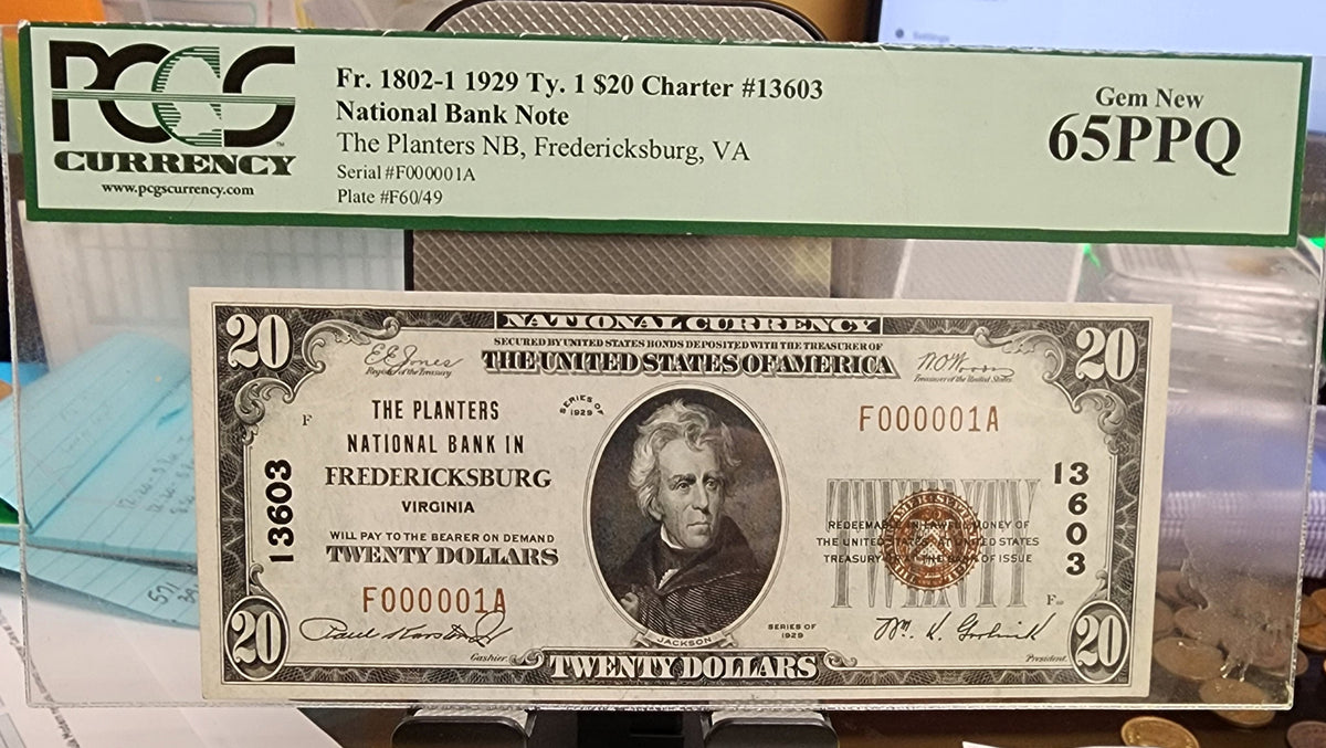 1929 $20 Fredericksburg, VA. National Bank Note, Serial Nr 1, PCGS CU65, #NBN002.