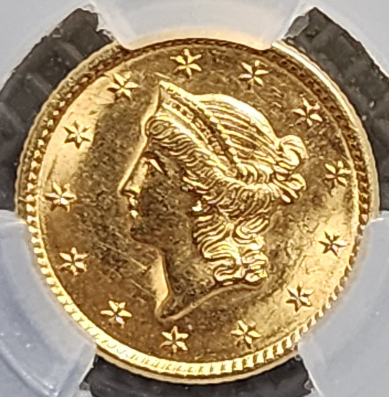 1849 $1 Gold Liberty., Open Wreath with 'L'., CAC AU Details., Store