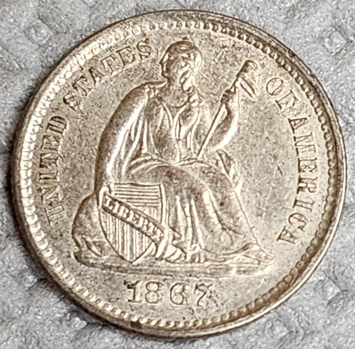 1867-S Seated Liberty Half Dime, Better Date-Mint State Coin, STORE #HE080.