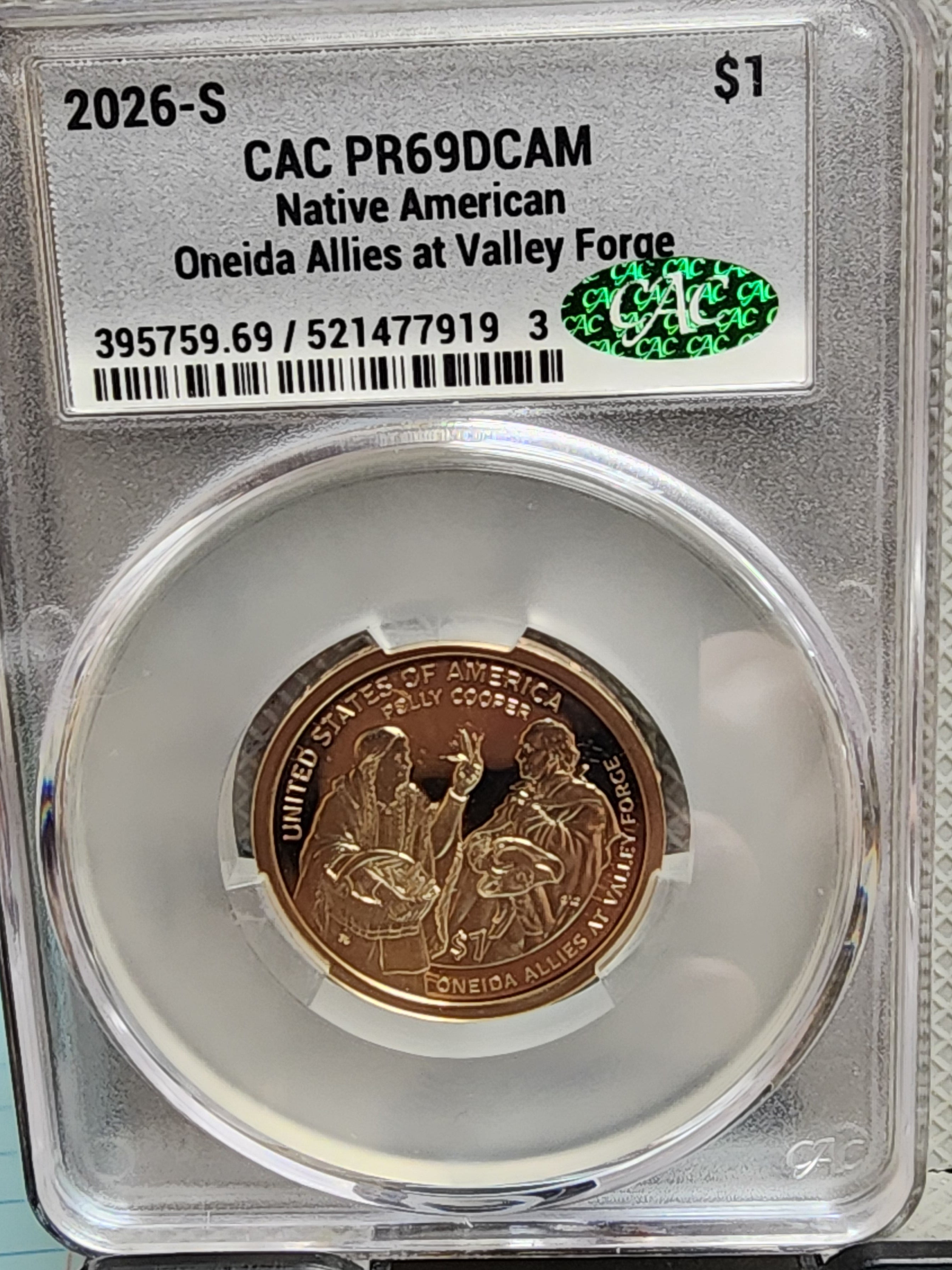 2026-S Native American Dollar, 'Oneida Allies at Valley Forge, CAC PR69, #NN002.