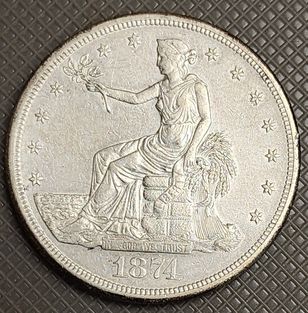 1874-S Trade Silver Dollar. About Uncirculated Detailed Coin., Store #DR0686