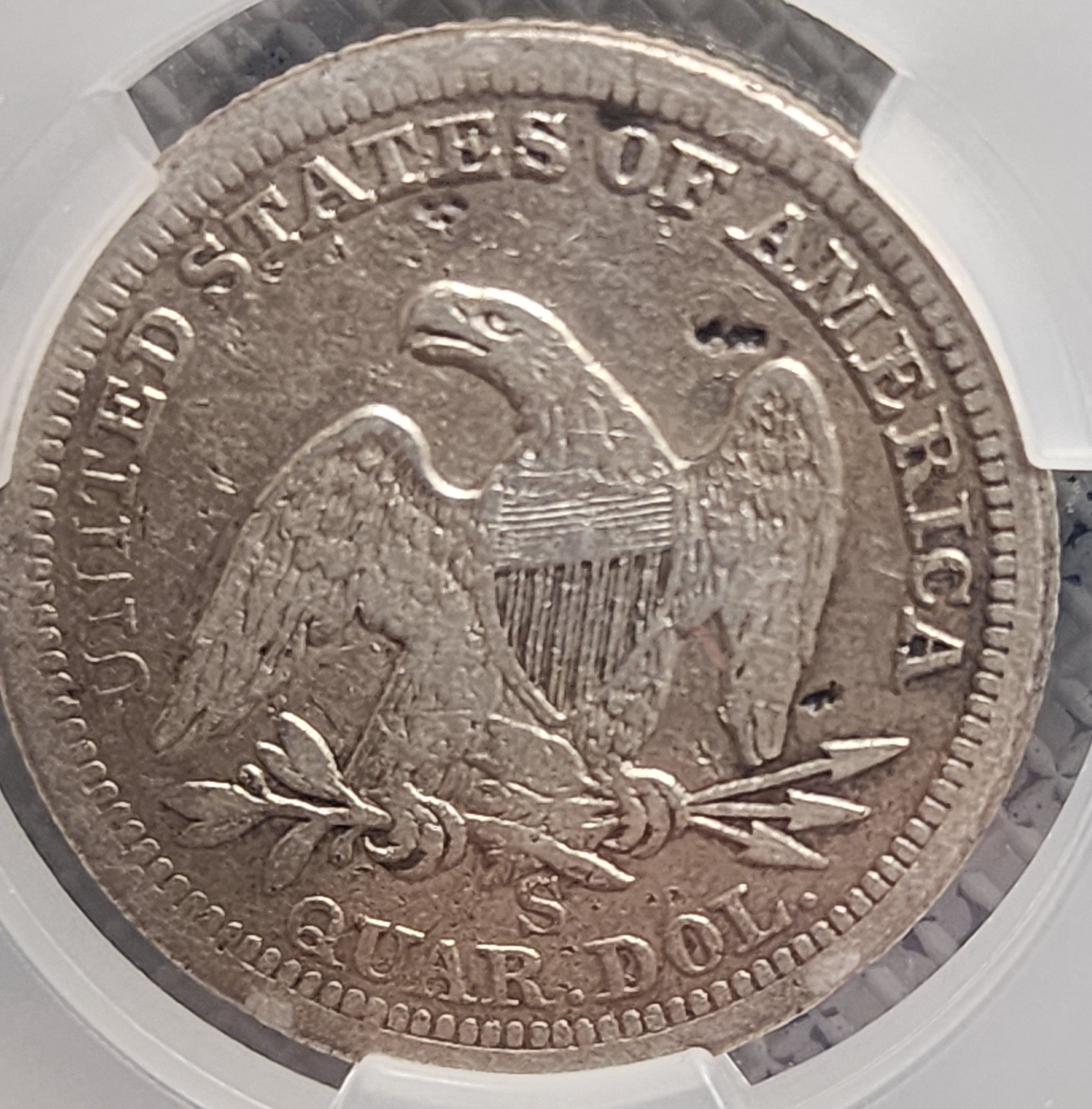 1860-S Seated Liberty Quarter., 'Scarce'., CAC VF Detailed Coin., Store #QR1437.