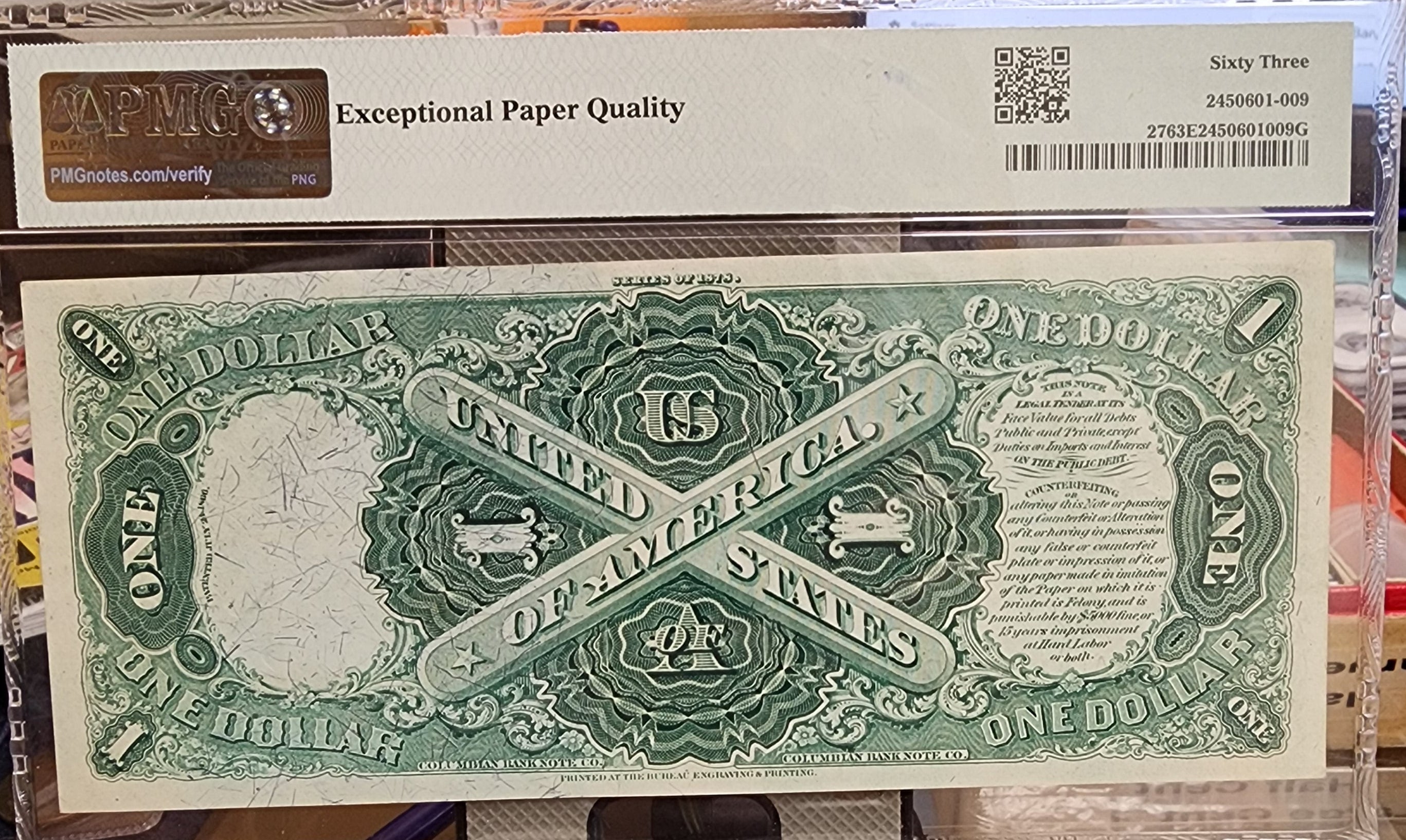 1878 $1 Legal Tender Note, Nice Bold Color, PMG CU-63, EPQ, Store #GLT020.