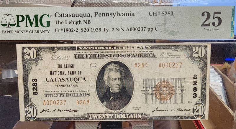 1929 $20 National, Catasauqua, PA, CH#8283, PMG VF-25,  Store #NBN022.