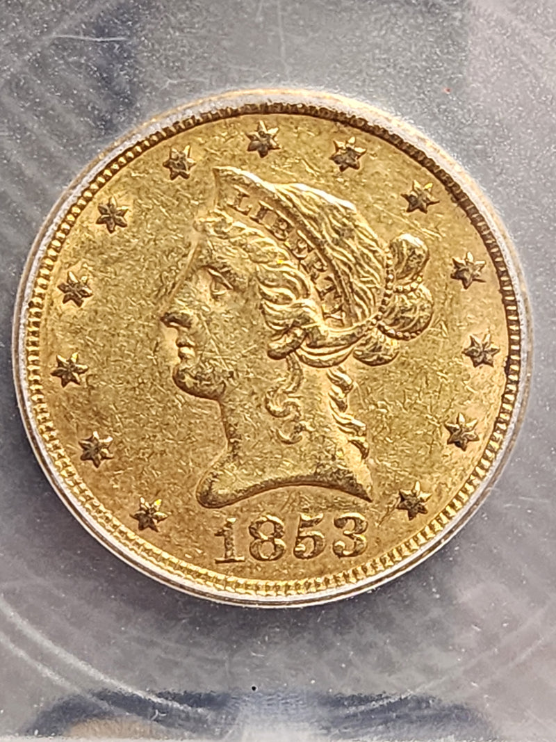 1853 $10 Gold Eagle, ICG AU-58, Pre-1933 Gold Coin, Store Sale