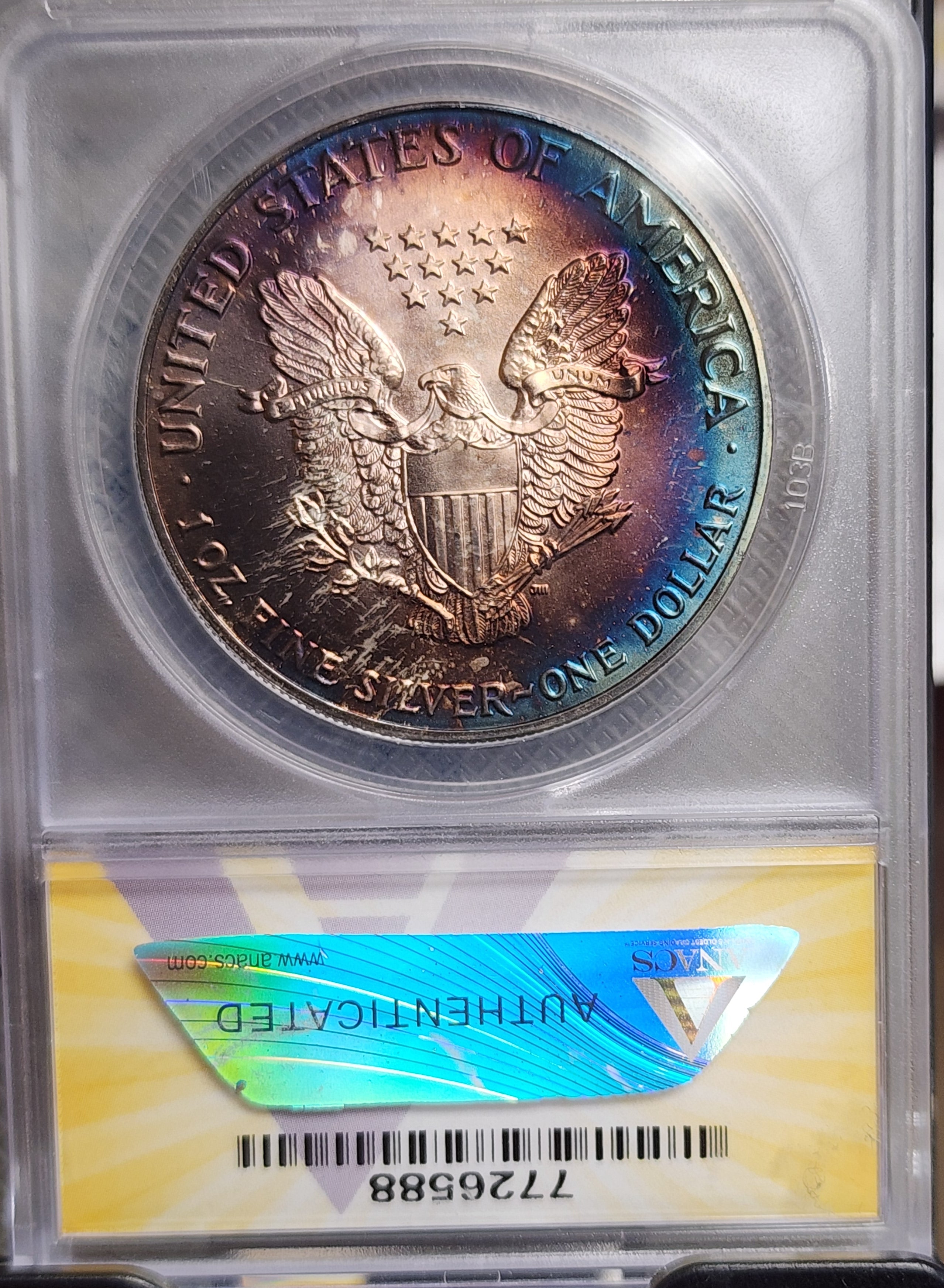 1992 American Silver Eagle, Nice Blue "TONER", ANACS MS-67, Store #AE307.