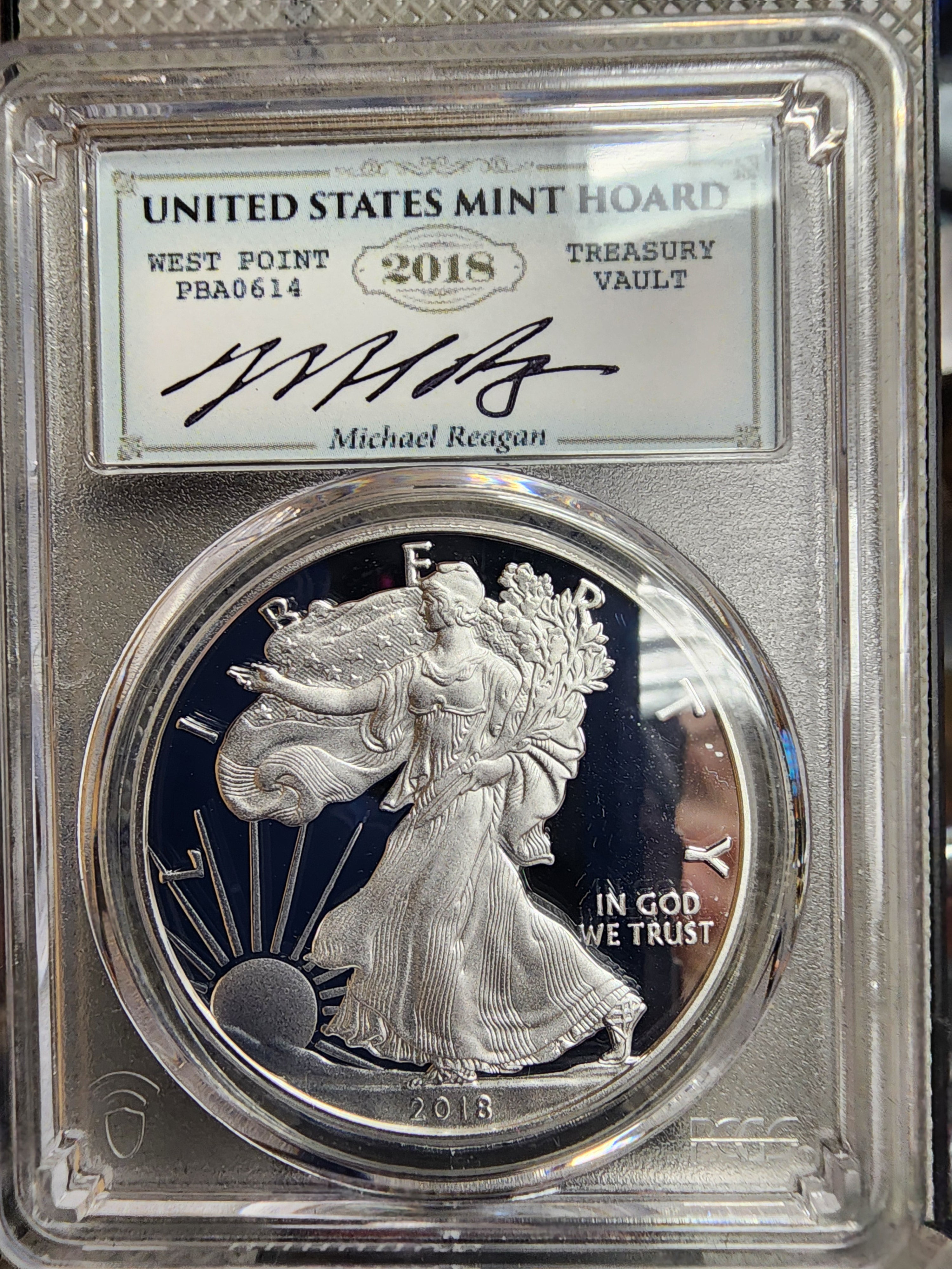 2018-W Silver Eagle, West Point Hoard Signed Label, PCGS PF-70, Store #AE0161
