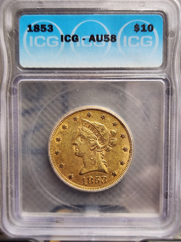 1853 $10 Gold Eagle, ICG AU-58, Pre-1933 Gold Coin, Store Sale #G0113.