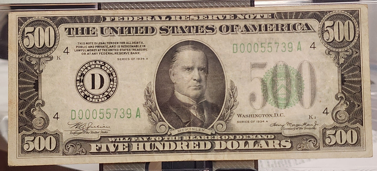1934A $500 Federal Reserve Note, Fr. 2202-D, Circulated, PCGS VF-30 Store #GFRB013.