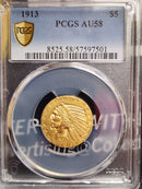 1913 $5 Gold Indian Half Eagle, PCGS AU-58, Gold Coin, Store Sale
