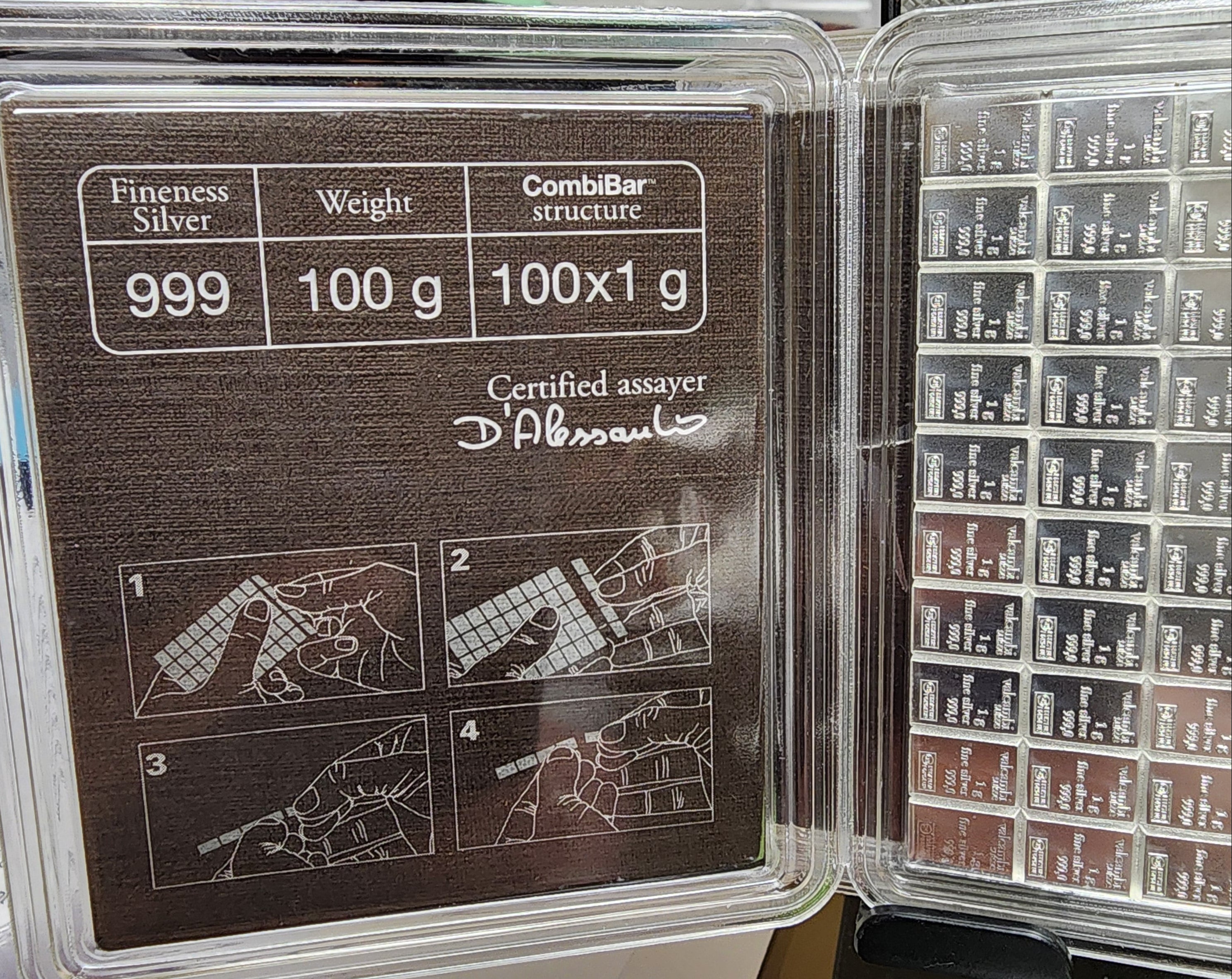 Valcambi Suisse, CombiBar, 100 each, 1 Gram Bars, 100 Gram Bar, Store #SR008.