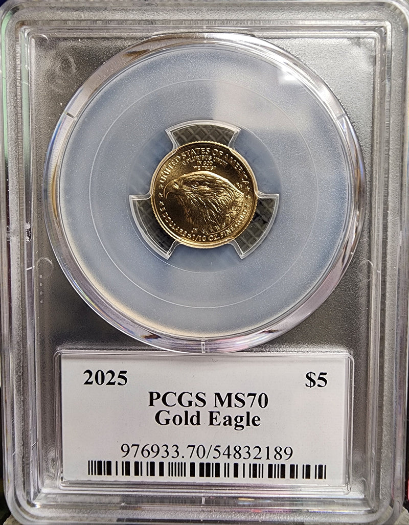2025 $5 Gold American Eagle, 1/10 Gold Coin, PCGS Graded MS-70. Store