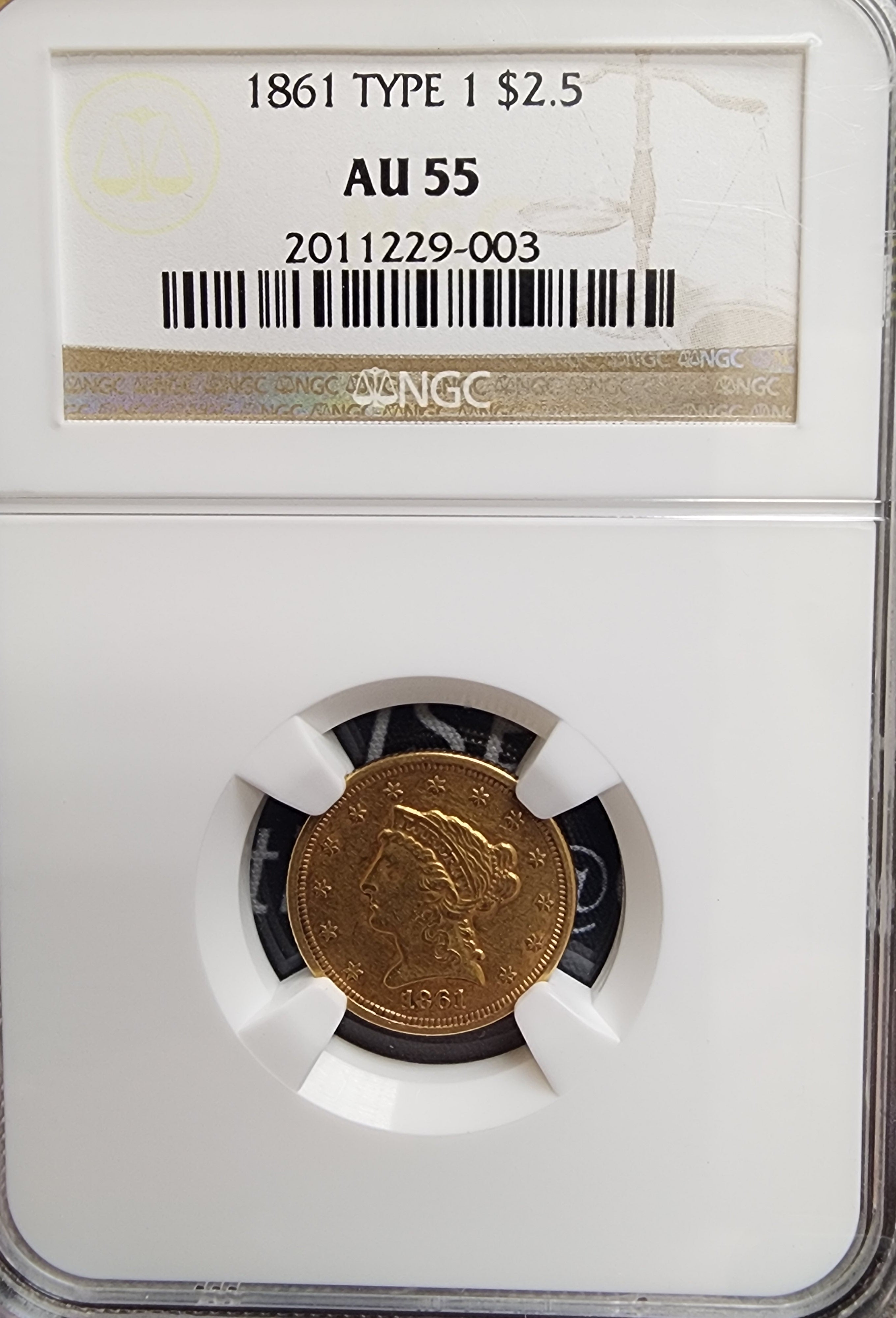 1861 $2.50 Quarter Gold Eagle, Old Reverse, NGC AU-55, Store Sale #G0073.