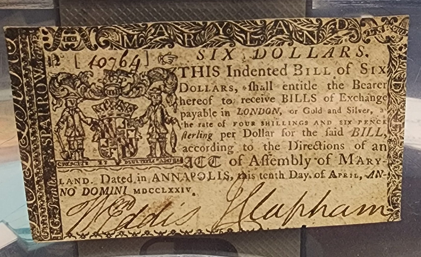 April 10, 1774, $6, Fr# MD-69, Colonial Currency, PCGS AU-50, Store #GCY035.
