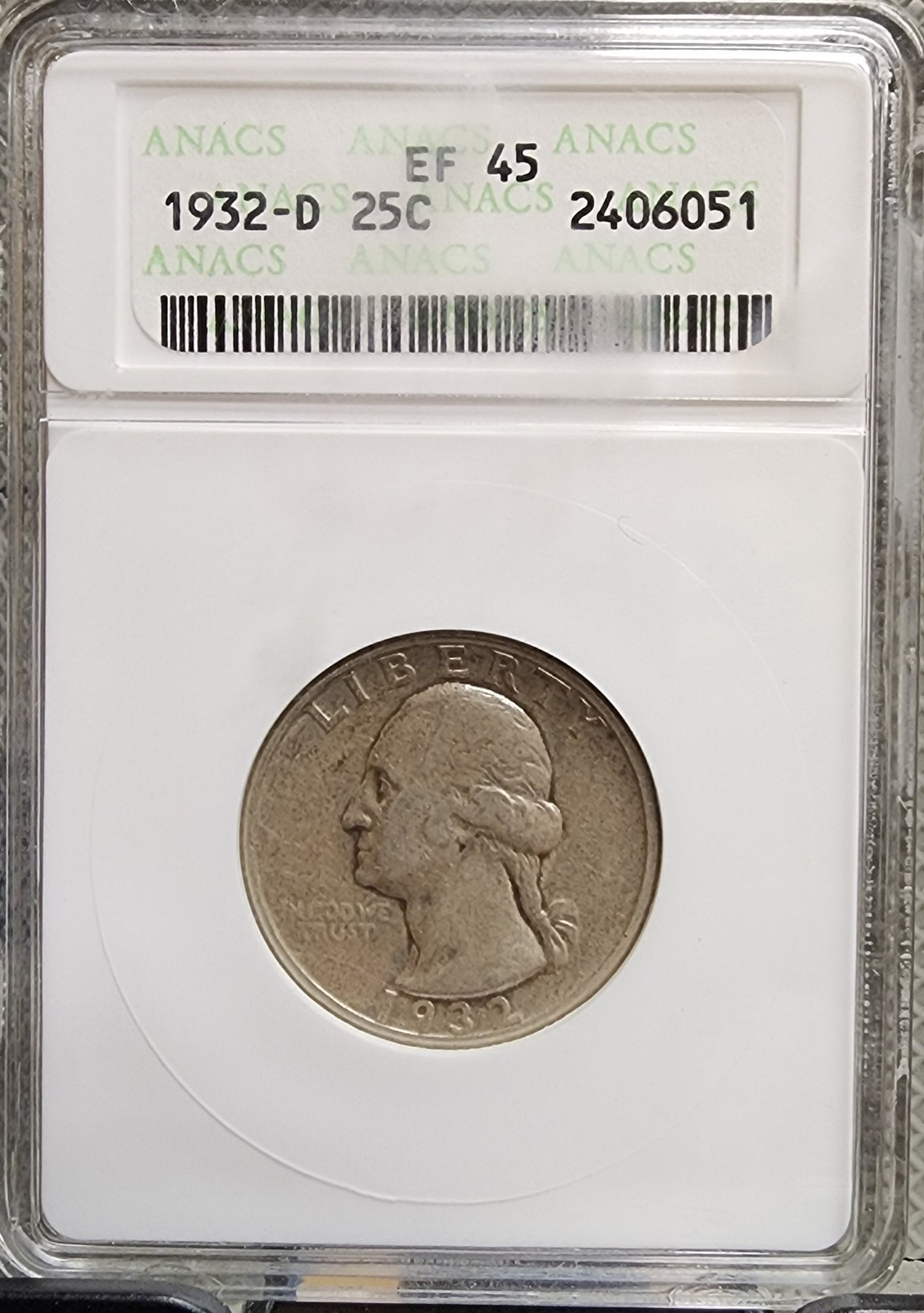 1932-D Washington Silver Quarter, KEY Date Coin, ANACS EF-45., Store #QR1459.