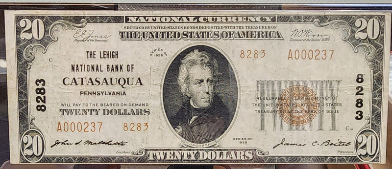 1929 $20 National, Catasauqua, PA, CH#8283, PMG VF-25,  Store #NBN022.