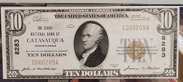 1929 $10 National, Catasauqua, PA, CH#8283, PMG AU-58,  Store #NBN021.