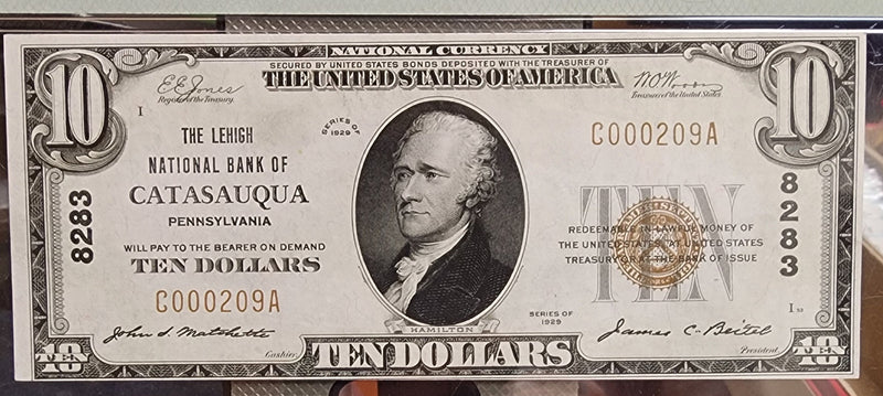 1929 $10 National, Catasauqua, PA, CH#8283, PMG AU-58,  Store #NBN021.