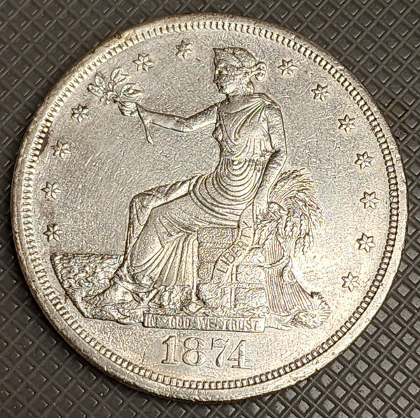 1874-CC Trade Silver Dollar. About Uncirculated Detailed Coin., Store #DR0690.