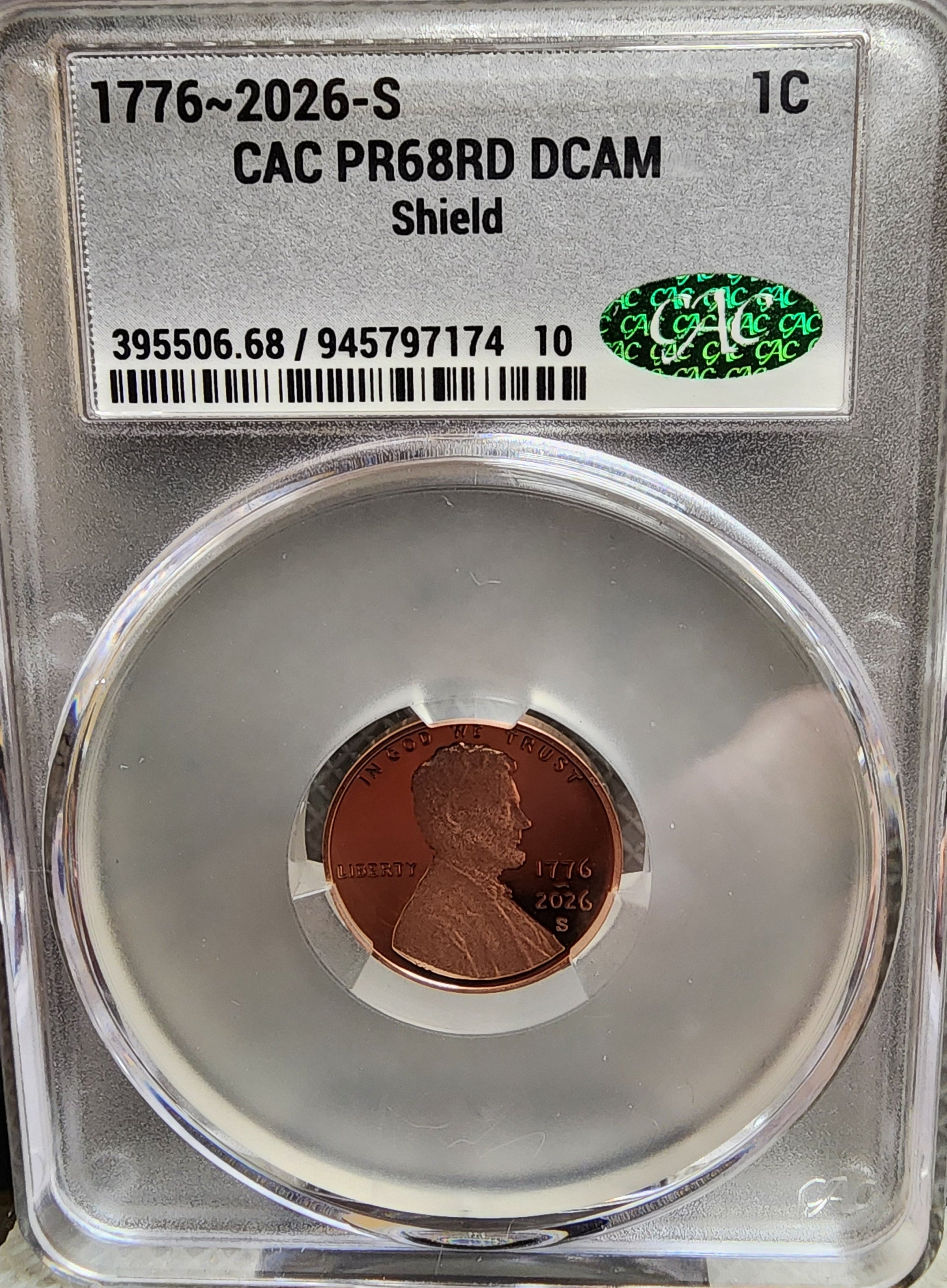 2026-S Lincoln Shield Cents, (1776-2026) CAC PR68 RED, Store #CT1431.