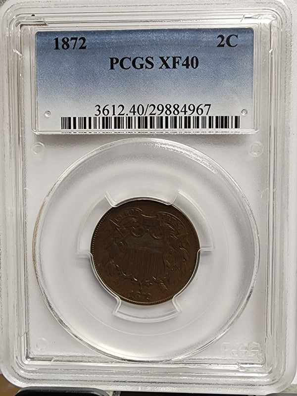 1872 Two Cent Piece, PCGS XF40, Key Date, Store #CT0704