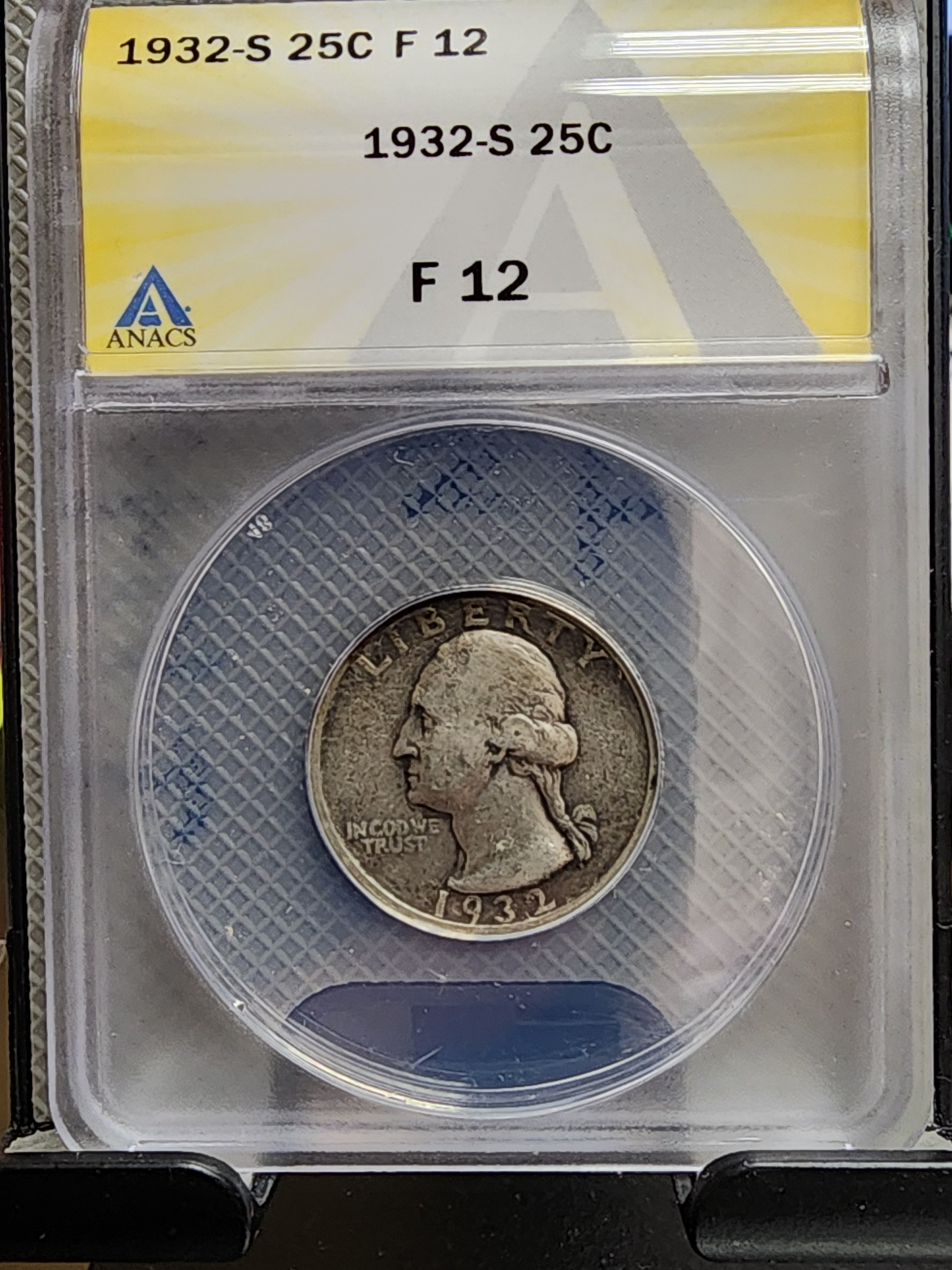 1932-S Washington Silver Quarter, KEY Date Coin, ANACS Fine-12, Store #QR1461.