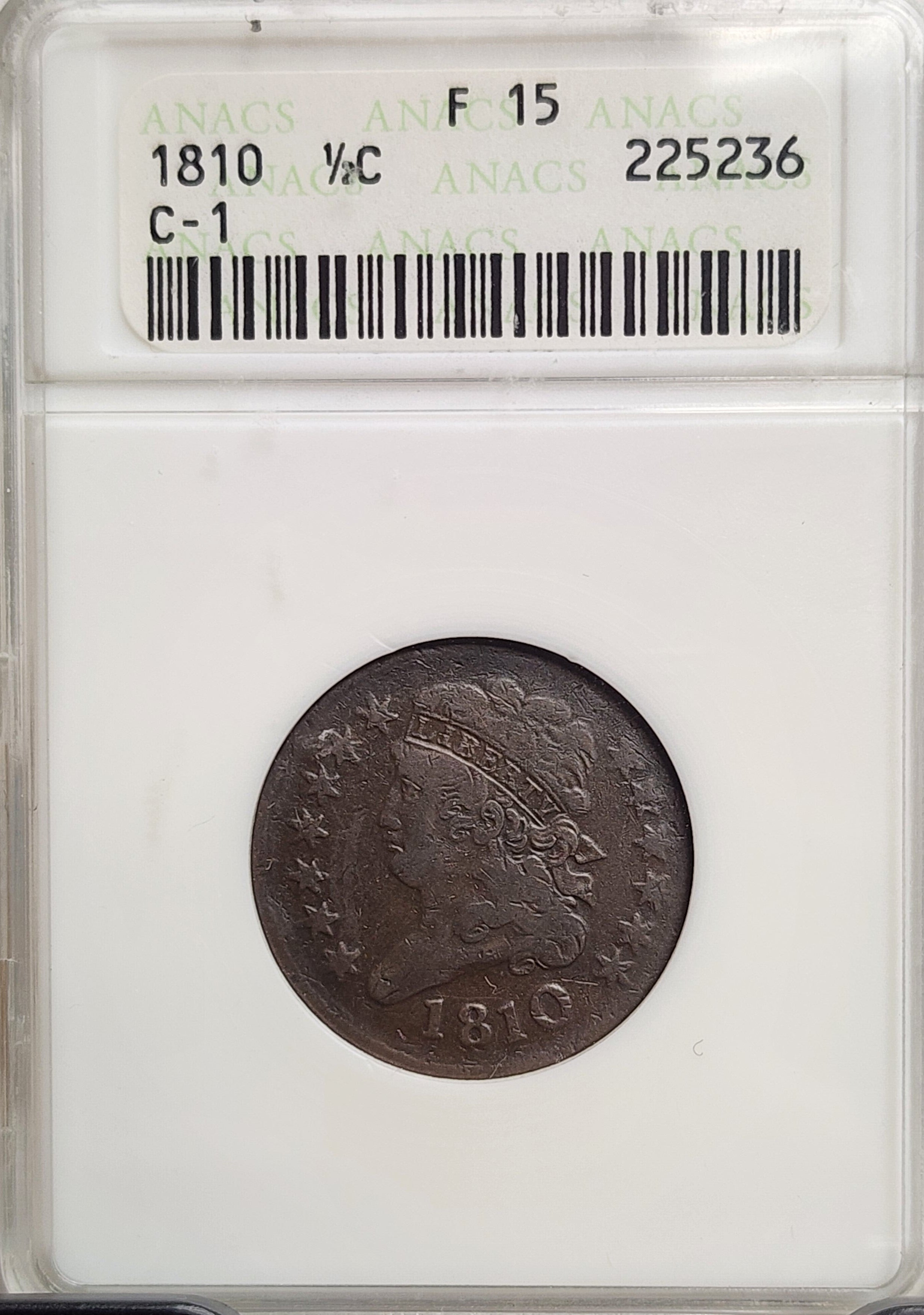 1810 Half Cent, (C-1), ANACS Soap Box Holder, Fine-15, Store Sale #HT0