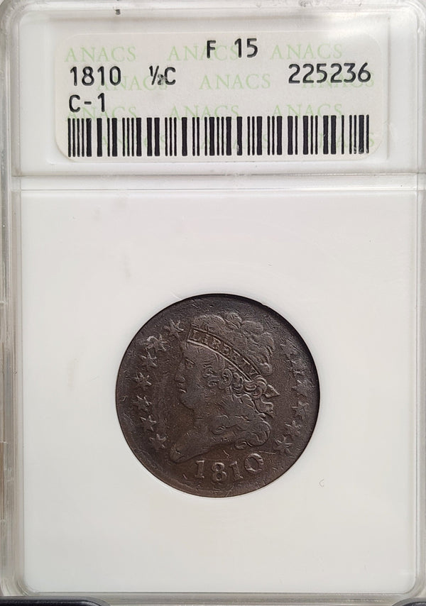 1810 Half Cent, (C-1), ANACS Soap Box Holder, Fine-15, Store Sale #HT0011.