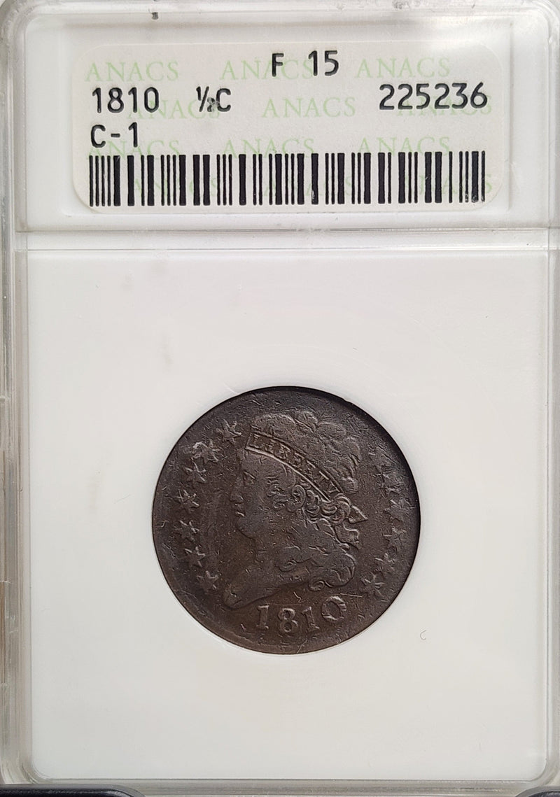 1810 Half Cent, (C-1), ANACS Soap Box Holder, Fine-15, Store Sale
