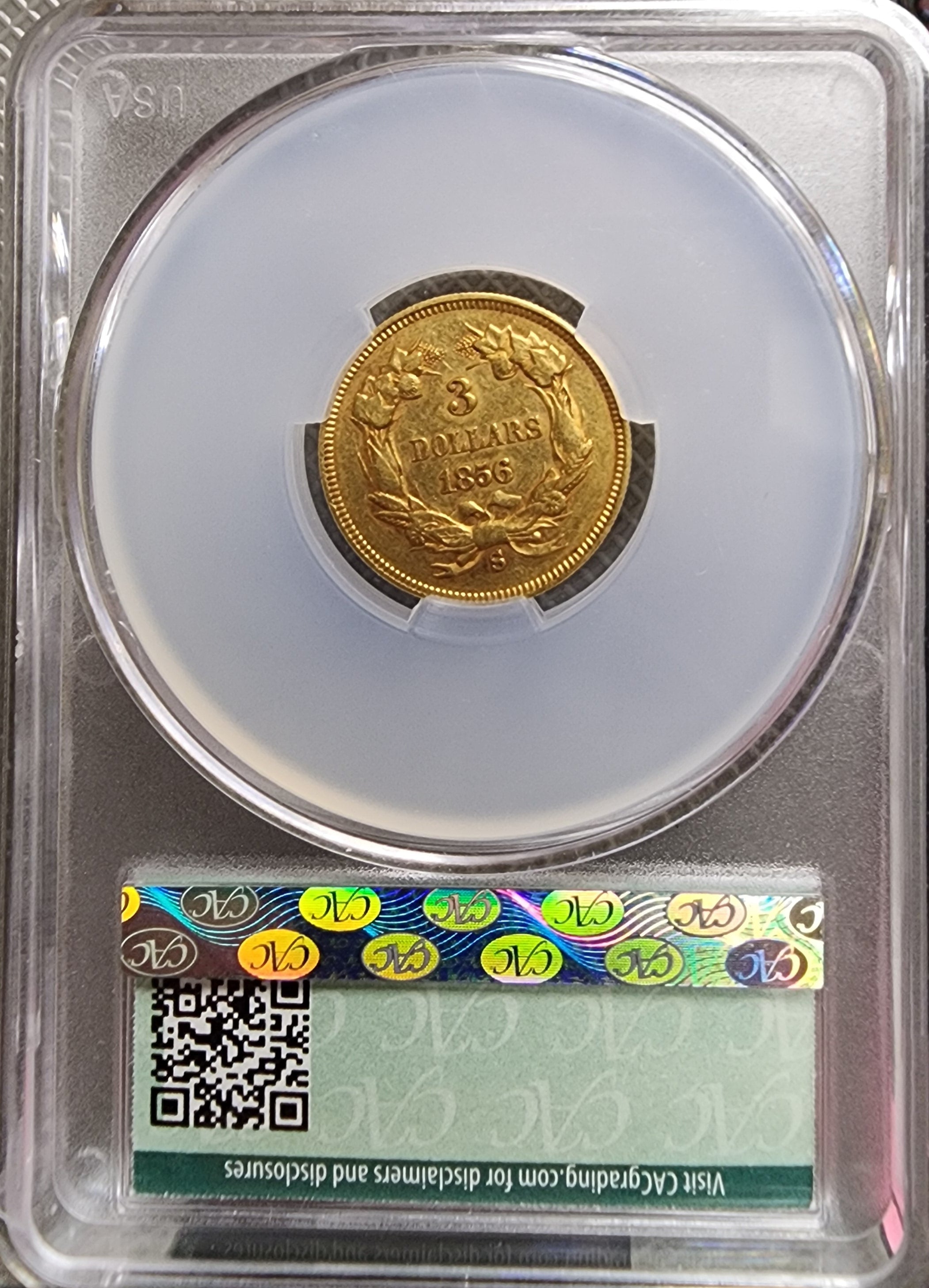 1856-S $3, Indian Princess Head, "Highly Collectible", CAC Graded AU50, Store #G0002.