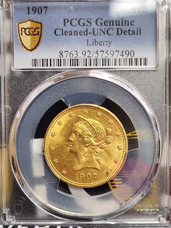1907 $10 Gold Liberty Eagle, PCGS UNC Details, Cleaned, Gold Coin, Store Sale#G0089.