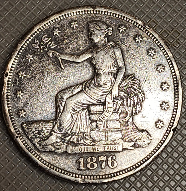 1876-S Trade Silver Dollar. About Uncirculated Detailed Coin., Store #DR0689.
